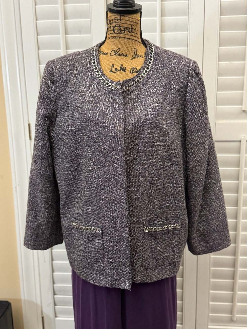 Alfred Dunner Purple and Silver Textured Tweed Jacket with Chain Detail